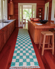 Turquoise Checkered Runner 2 X 6 Ft | 60 X 180 Cm / With Tassels / Short (0.4” / 1 cm)