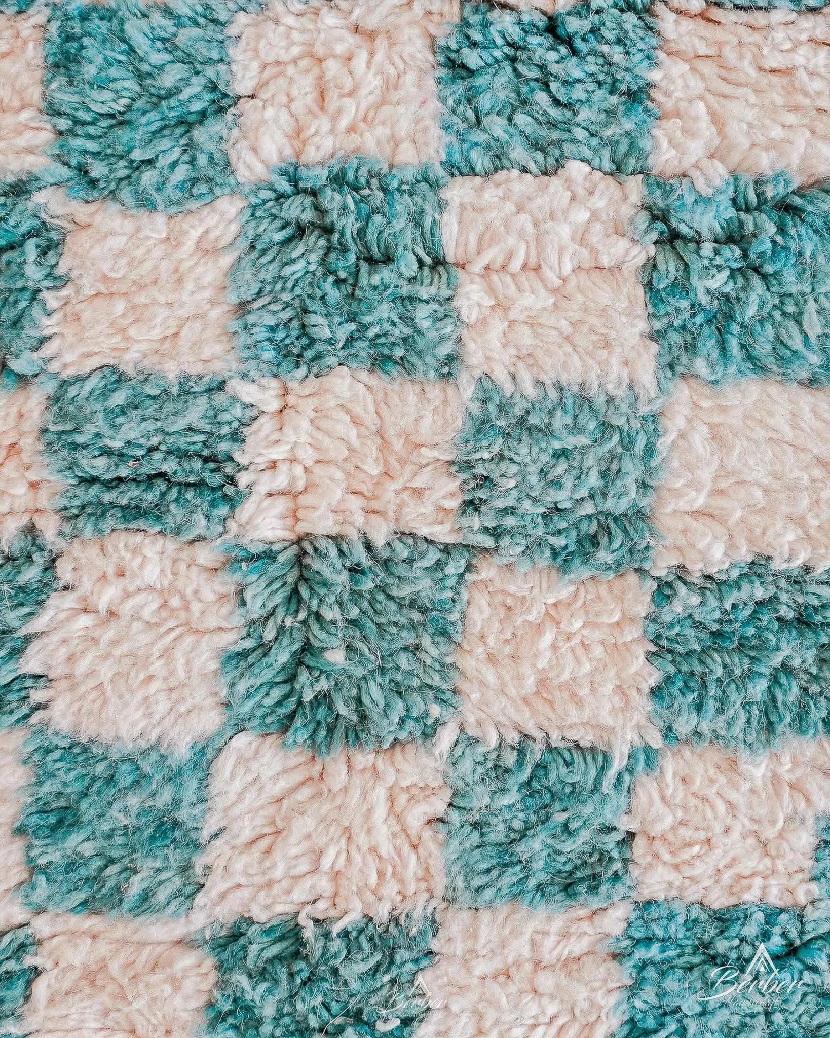 Turquoise Checkered Runner 2 X 6 Ft | 60 X 180 Cm / With Tassels / Short (0.4” / 1 cm)