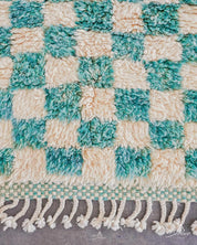 Turquoise Checkered Runner 2 X 6 Ft | 60 X 180 Cm / With Tassels / Short (0.4” / 1 cm)