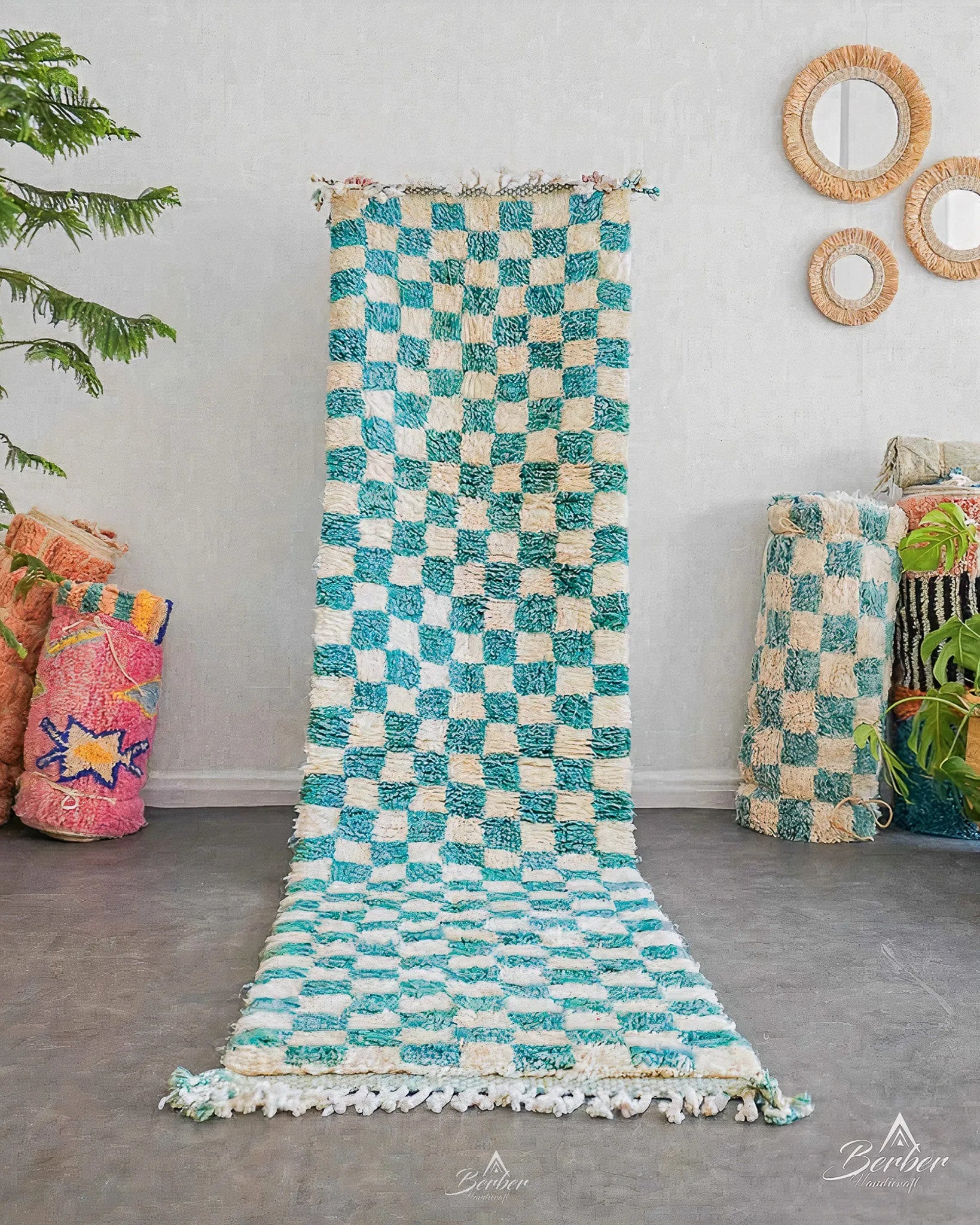 Turquoise Checkered Runner 2 X 6 Ft | 60 X 180 Cm / With Tassels / Short (0.4” / 1 cm)