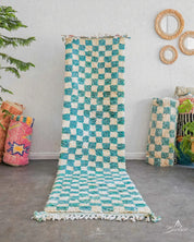 Turquoise Checkered Runner 2 X 6 Ft | 60 X 180 Cm / With Tassels / Short (0.4” / 1 cm)