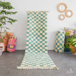 Turquoise Checkered Runner - Berber Handicraft