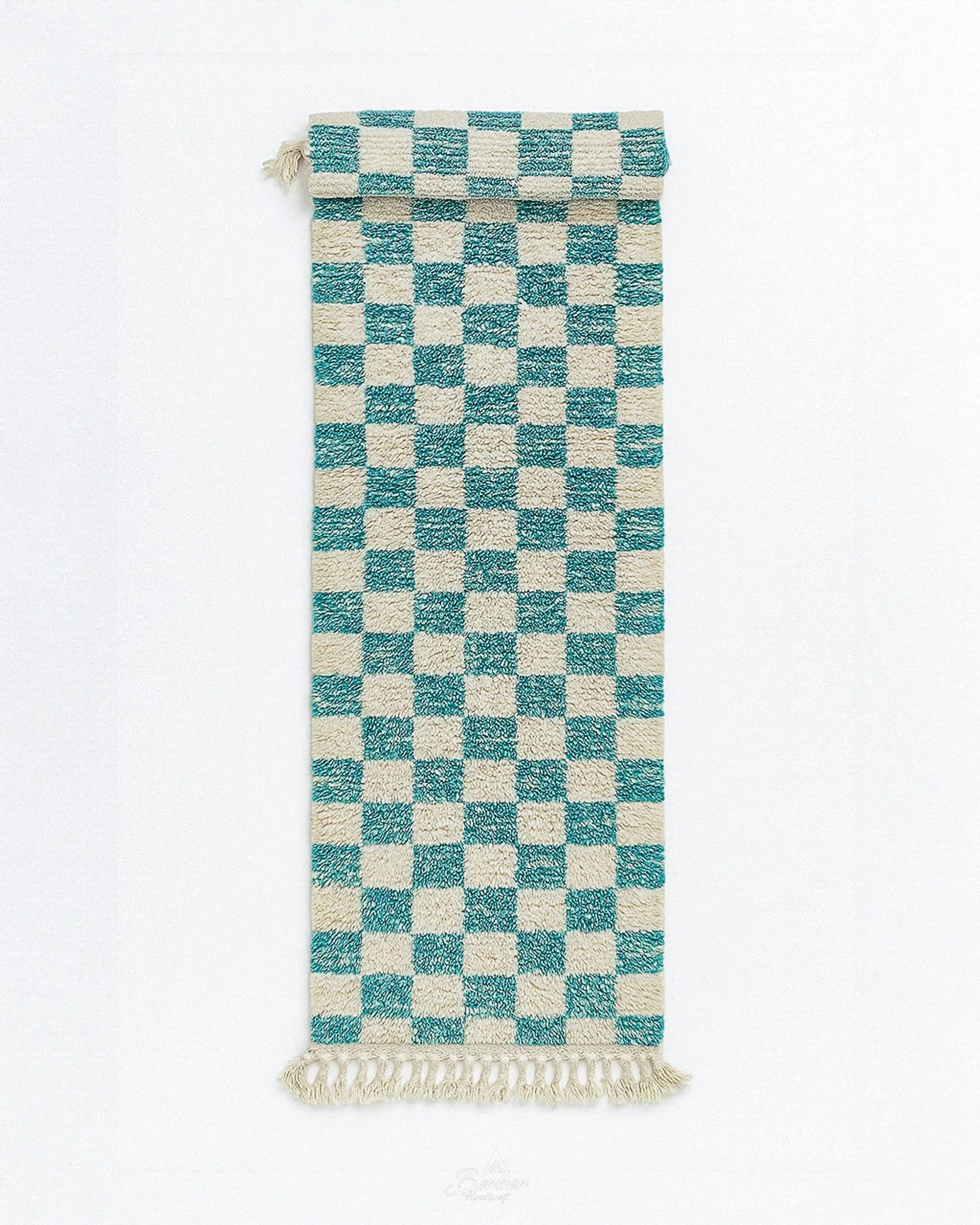 Turquoise Checkered Runner 2 X 6 Ft | 60 X 180 Cm / With Tassels / Short (0.4” / 1 cm)