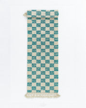 Turquoise Checkered Runner 2 X 6 Ft | 60 X 180 Cm / With Tassels / Short (0.4” / 1 cm)