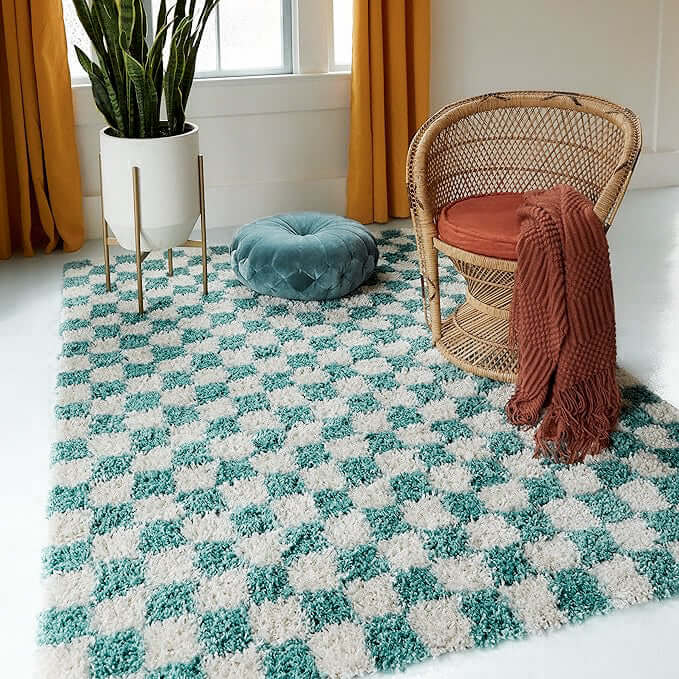 Turquoise Checkered Rug - Berber Handicraft