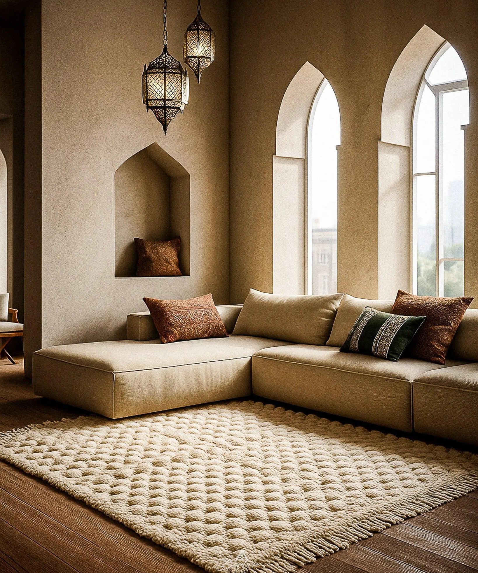 Off White Checkered Rug-Berber Handicraft