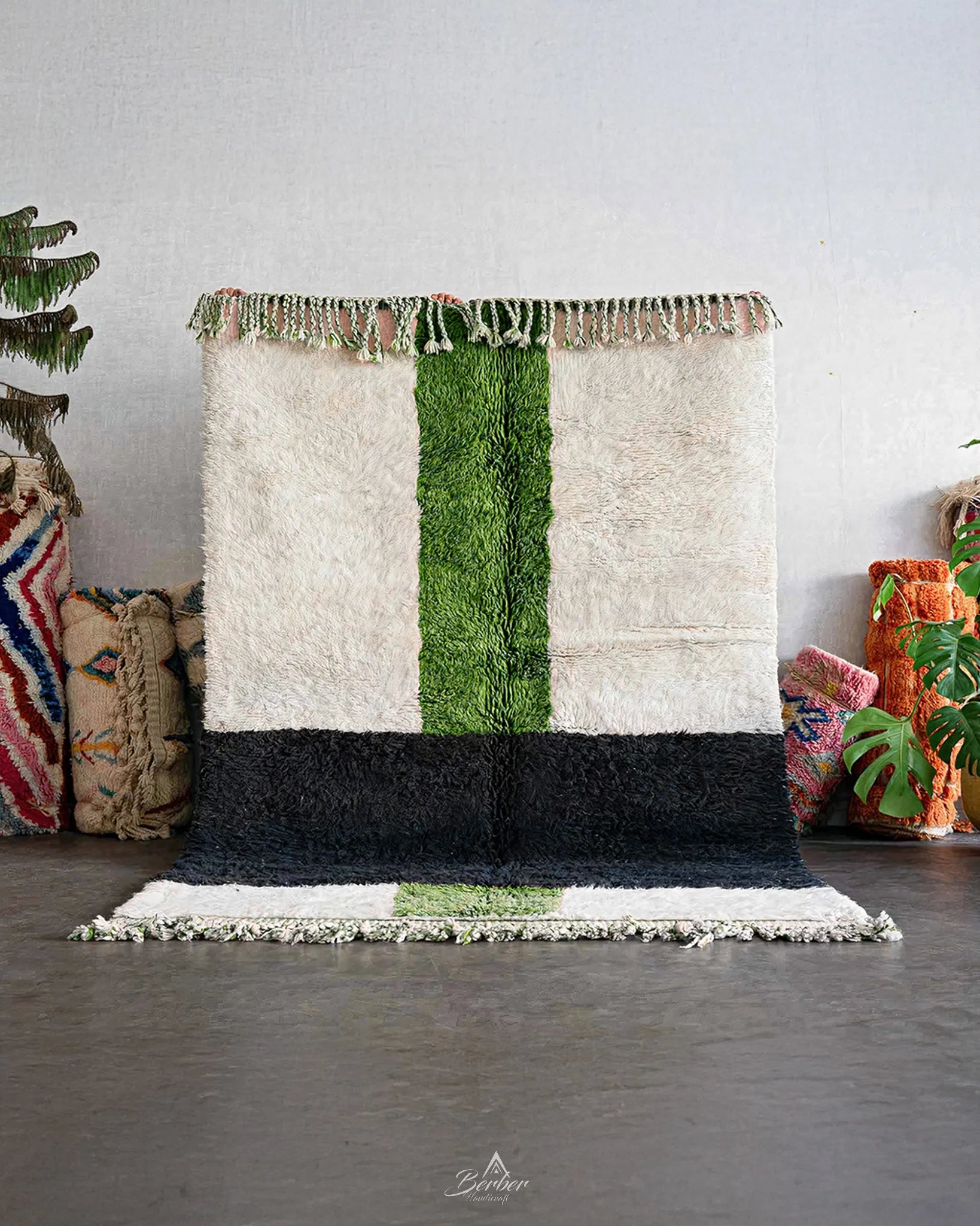 White Green Moroccan Rug 3 X 5 Ft | 90 X 150 Cm / With Tassels / Short (0.4” / 1 cm)
