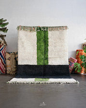 White Green Moroccan Rug 3 X 5 Ft | 90 X 150 Cm / With Tassels / Short (0.4” / 1 cm)
