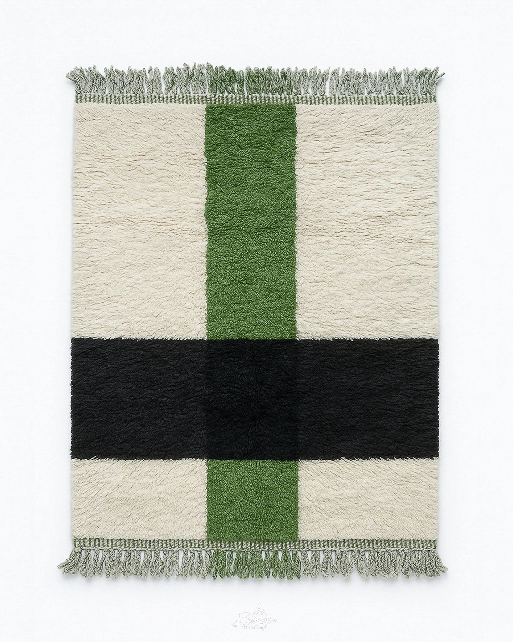 White Green Moroccan Rug 3 X 5 Ft | 90 X 150 Cm / With Tassels / Short (0.4” / 1 cm)