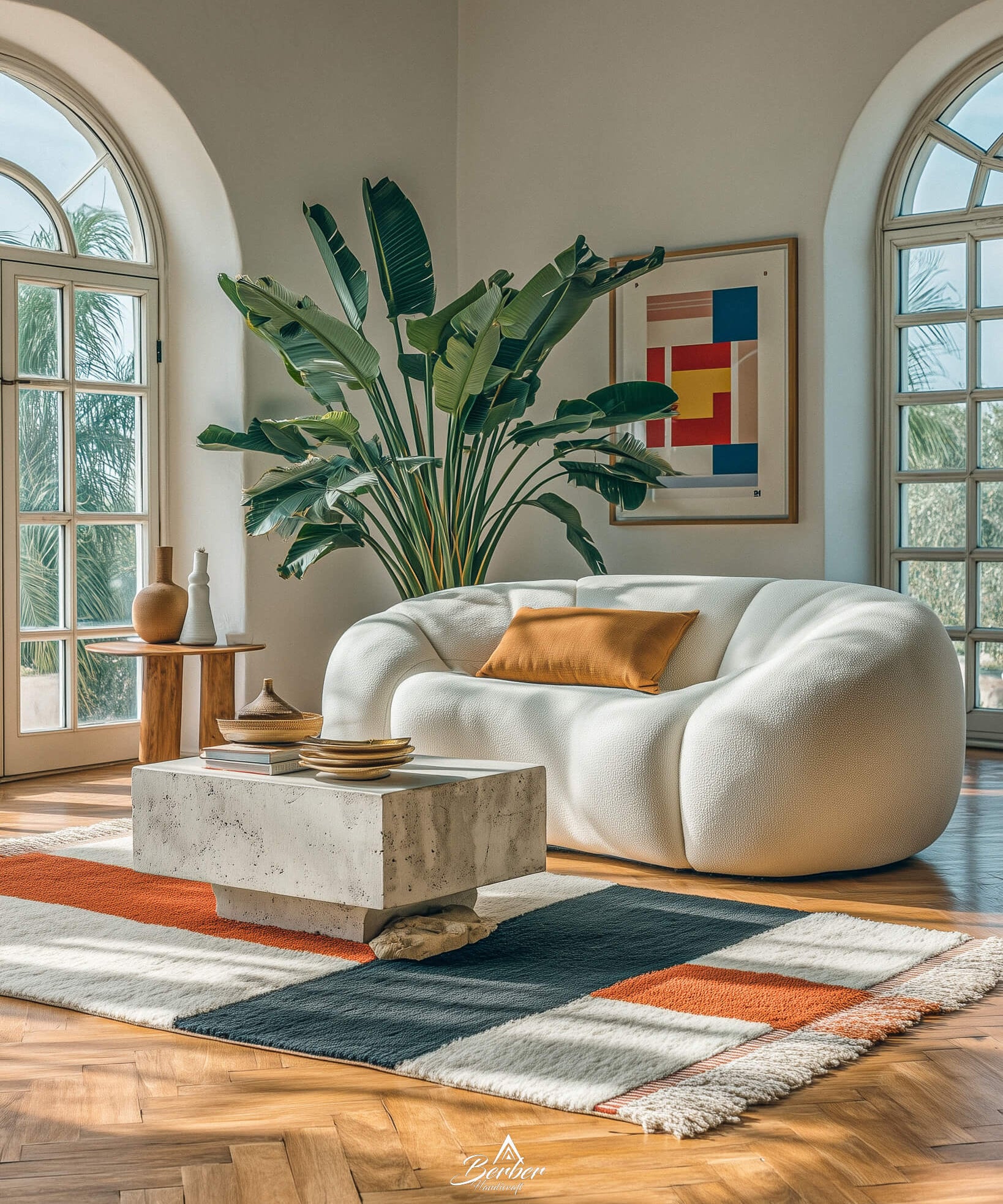 Modern living room with a white sofa, coffee table, orange and white moroccan rug, and decorative elements.