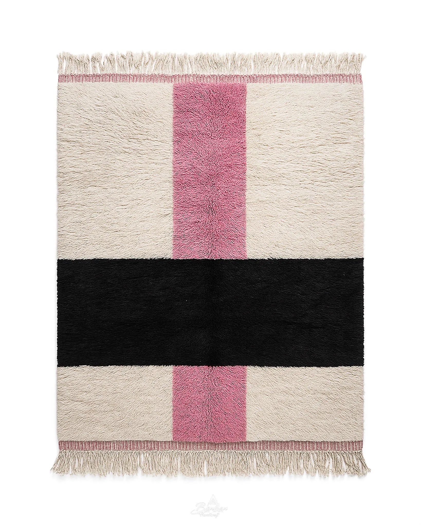 White Pink Moroccan Rug 3 X 5 Ft | 90 X 150 Cm / With Tassels / Short (0.4” / 1 cm)