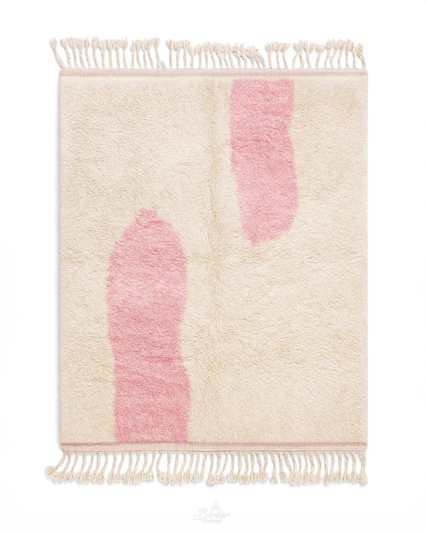 White Pink Wool Rug 3 X 5 Ft | 90 X 150 Cm / With Tassels / Short (0.4” / 1 cm)