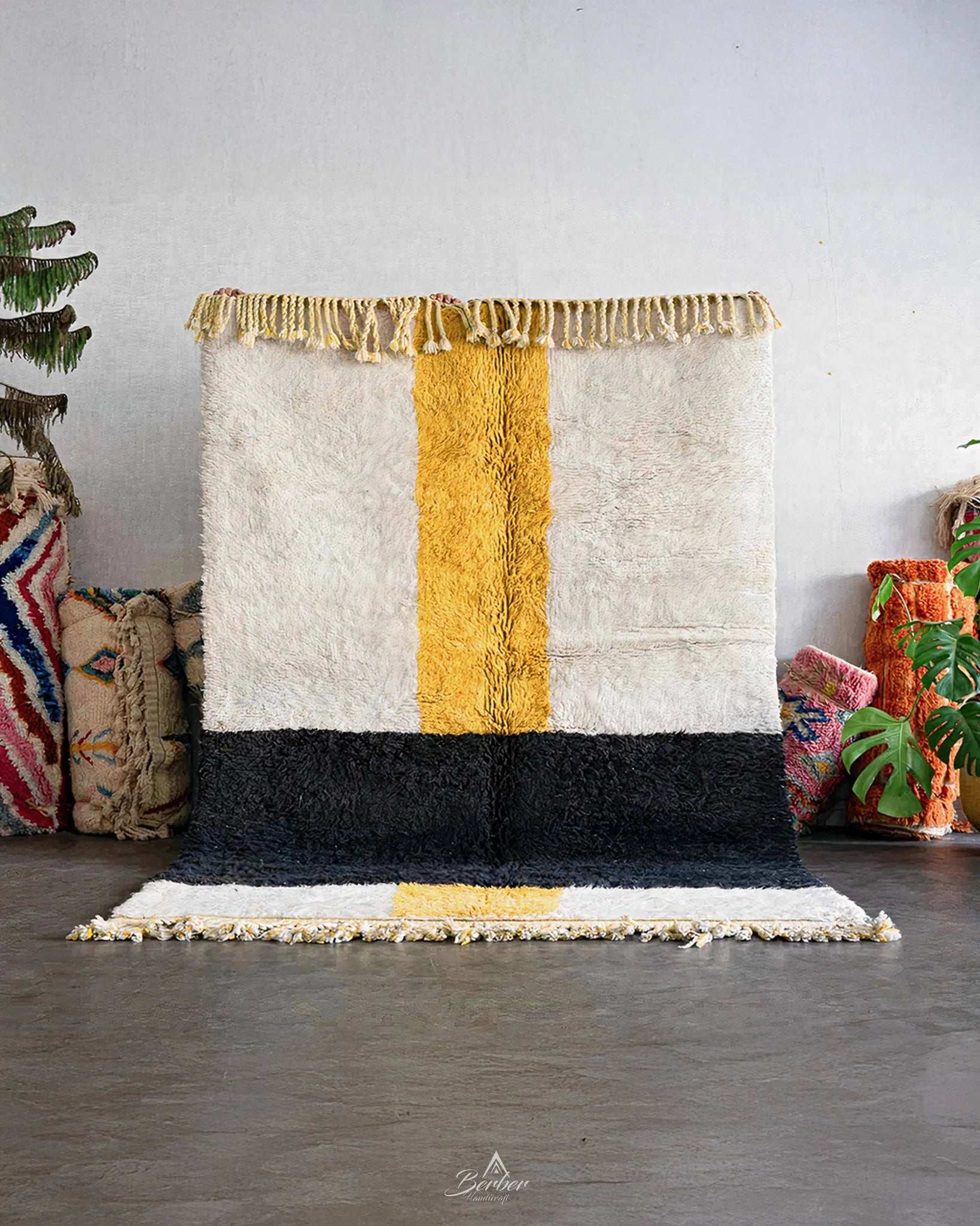 White Yellow Moroccan Rug 3 X 5 Ft | 90 X 150 Cm / With Tassels / Short (0.4” / 1 cm)