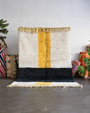 White Yellow Moroccan Rug 3 X 5 Ft | 90 X 150 Cm / With Tassels / Short (0.4” / 1 cm)