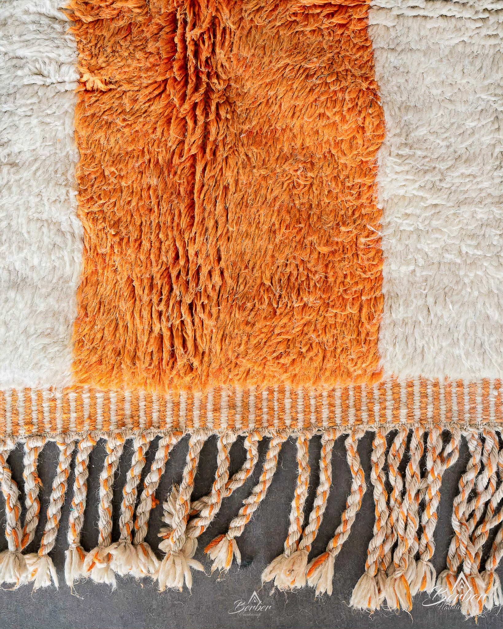 White Orange Moroccan Rug 3 X 5 Ft | 90 X 150 Cm / With Tassels / Short (0.4” / 1 cm)