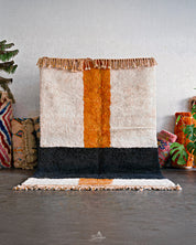 White Orange Moroccan Rug 3 X 5 Ft | 90 X 150 Cm / With Tassels / Short (0.4” / 1 cm)