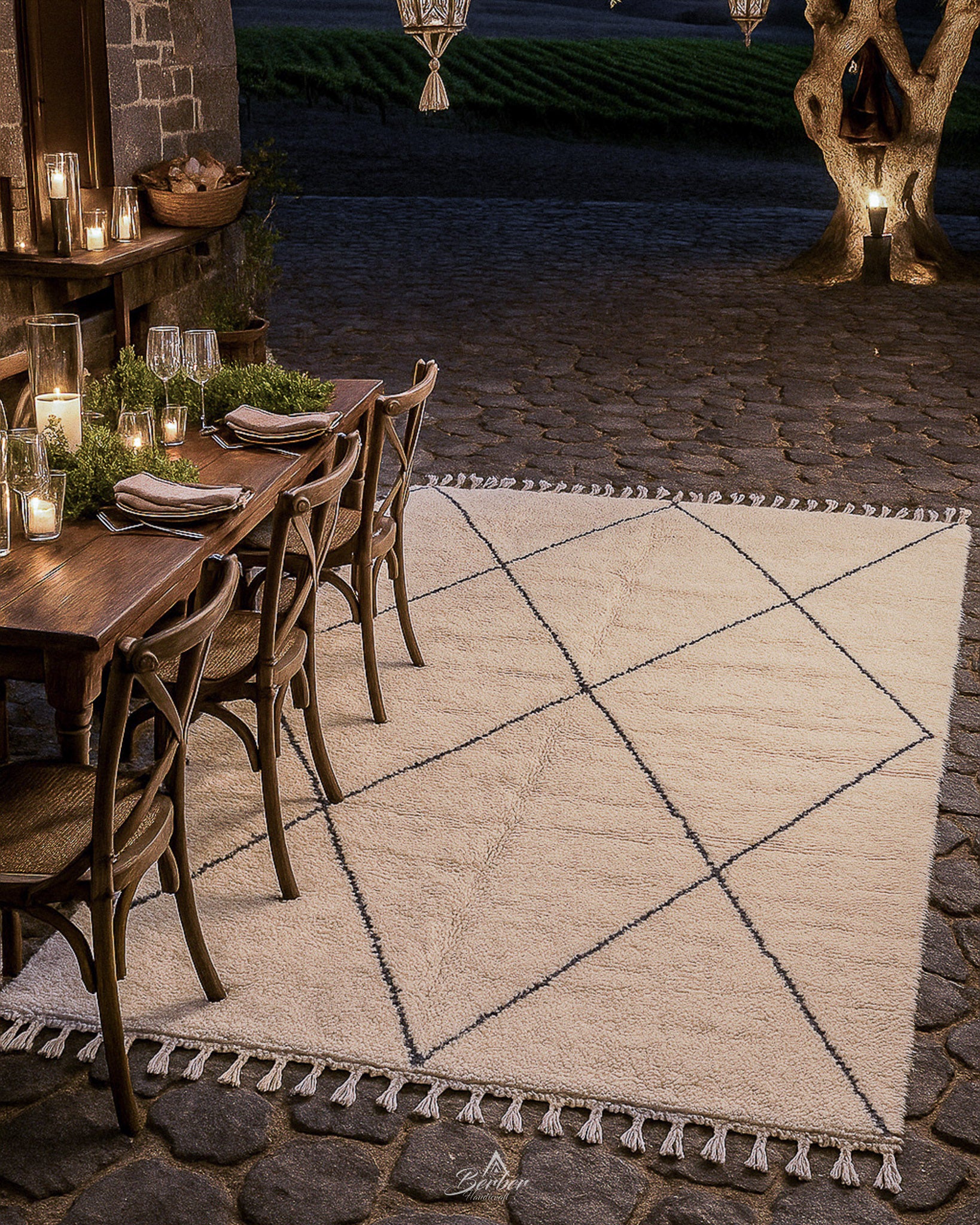 Trellis Beni Ourain Rug 3 X 5 Ft | 90 X 150 Cm / With Tassels / Short (0.4” / 1 cm)