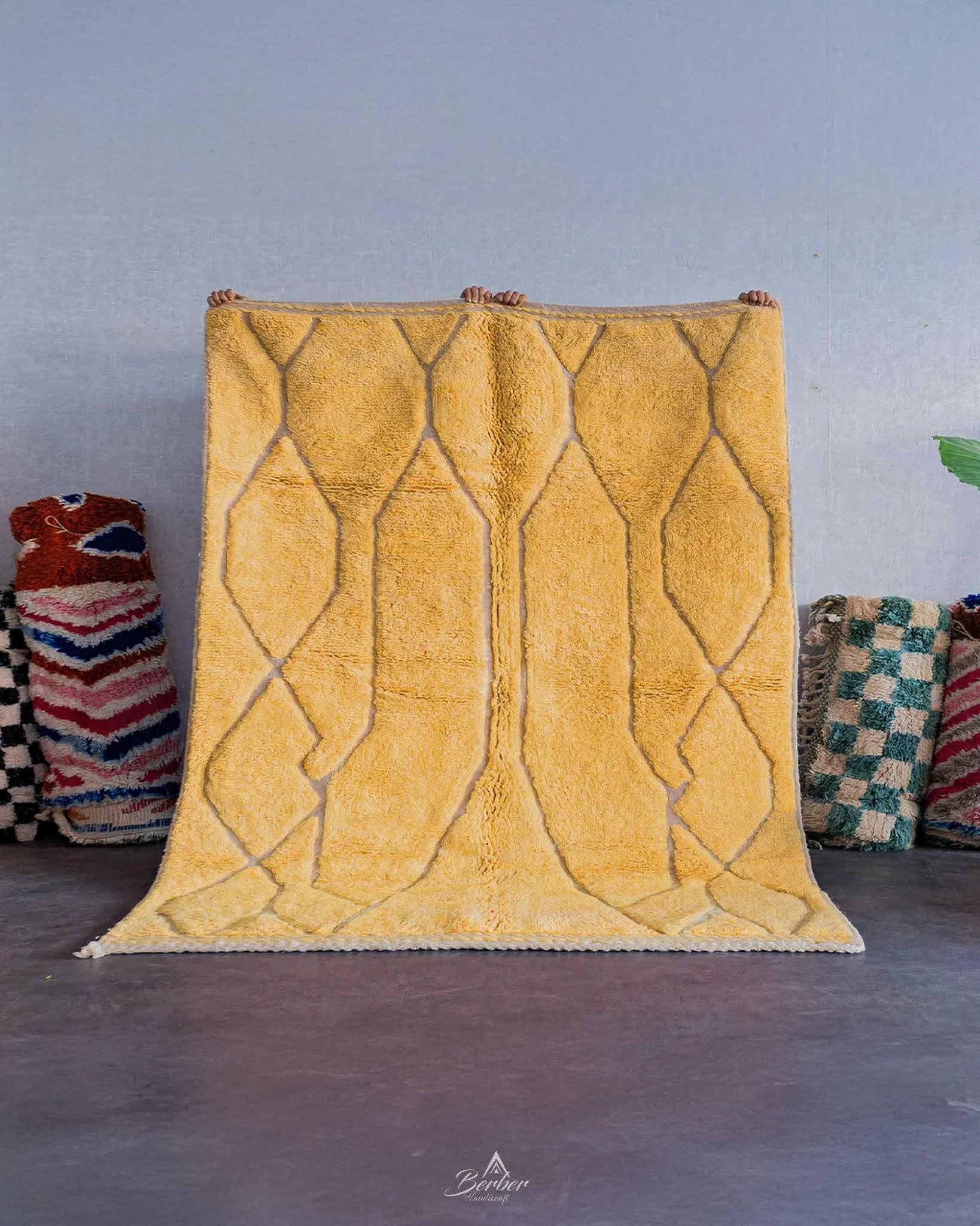 Yellow Beni Ourain Rug 3 X 5 Ft | 90 X 150 Cm / With Tassels / Short (0.4” / 1 cm)