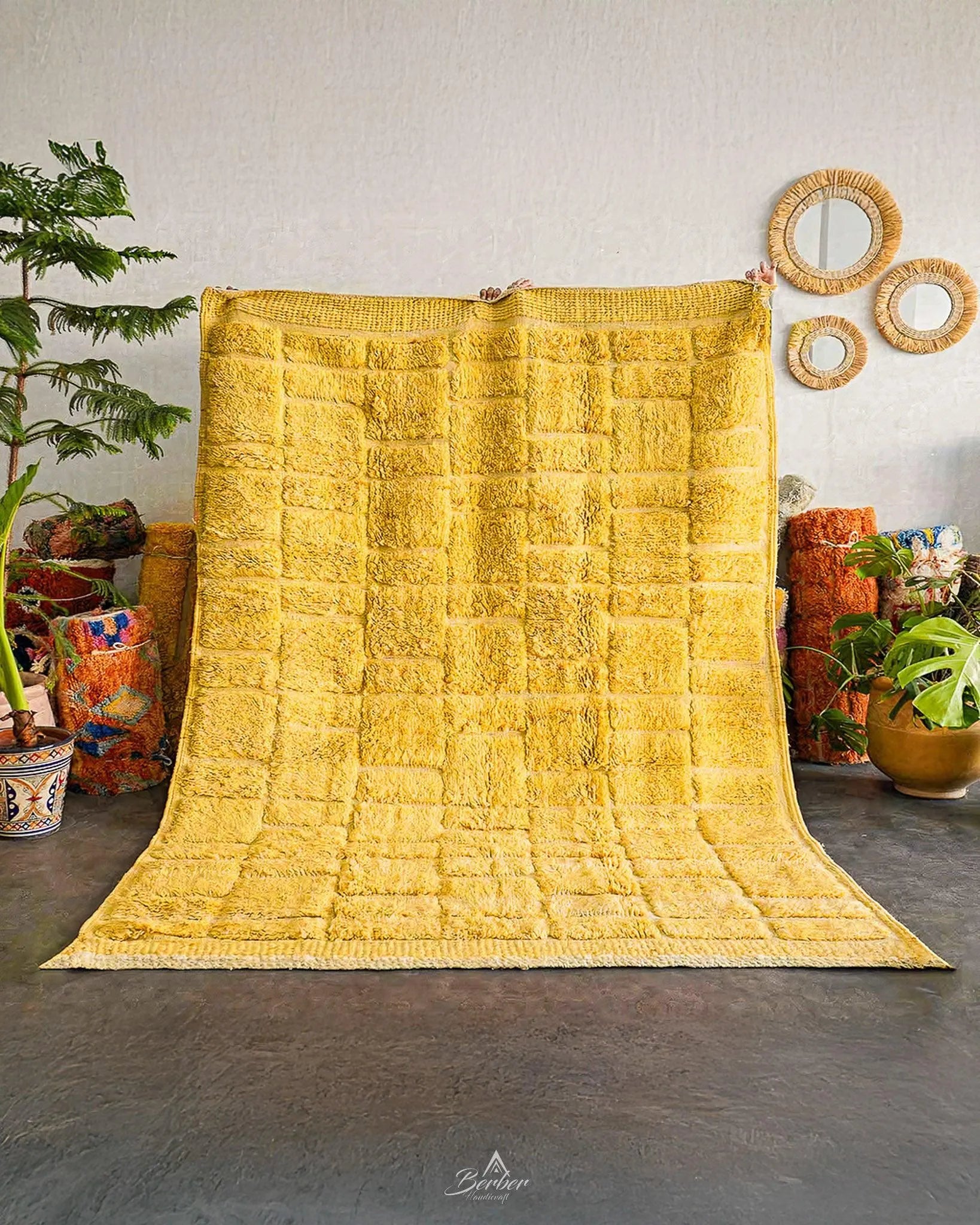 Yellow Berber Rug 3 X 5 Ft | 90 X 150 Cm / With Tassels / Short (0.4” / 1 cm)
