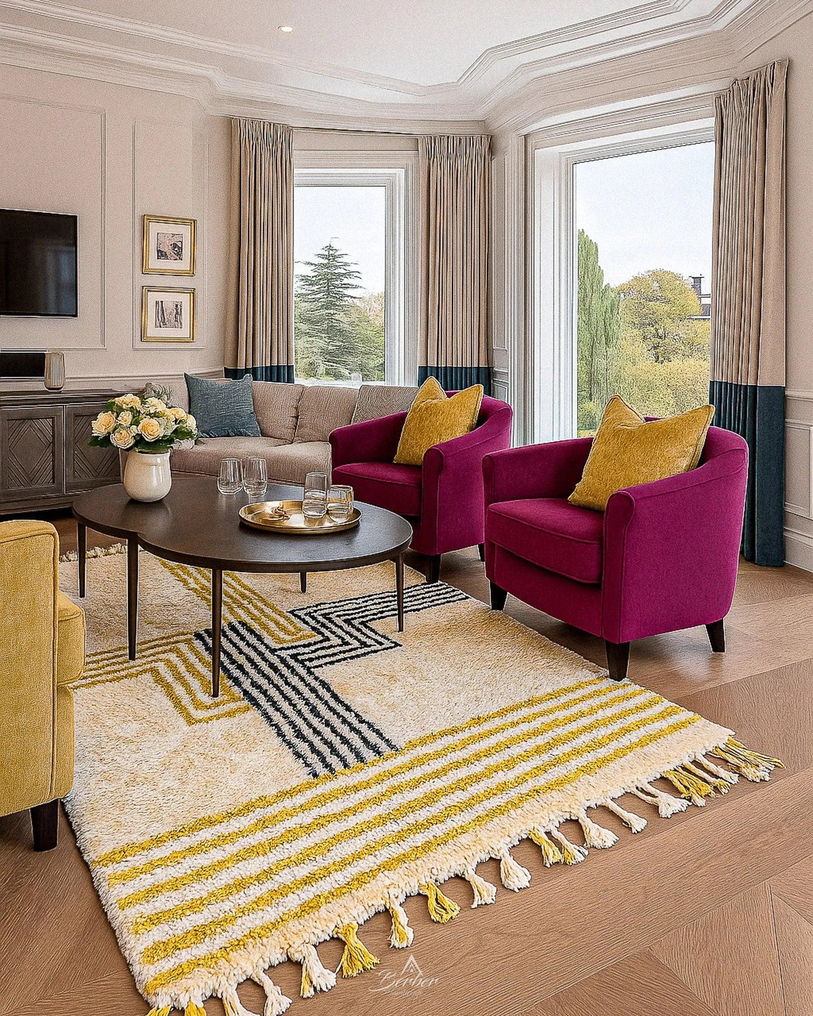 Yellow Bohemian Rug 3 X 5 Ft | 90 X 150 Cm / With Tassels / Short (0.4” / 1 cm)