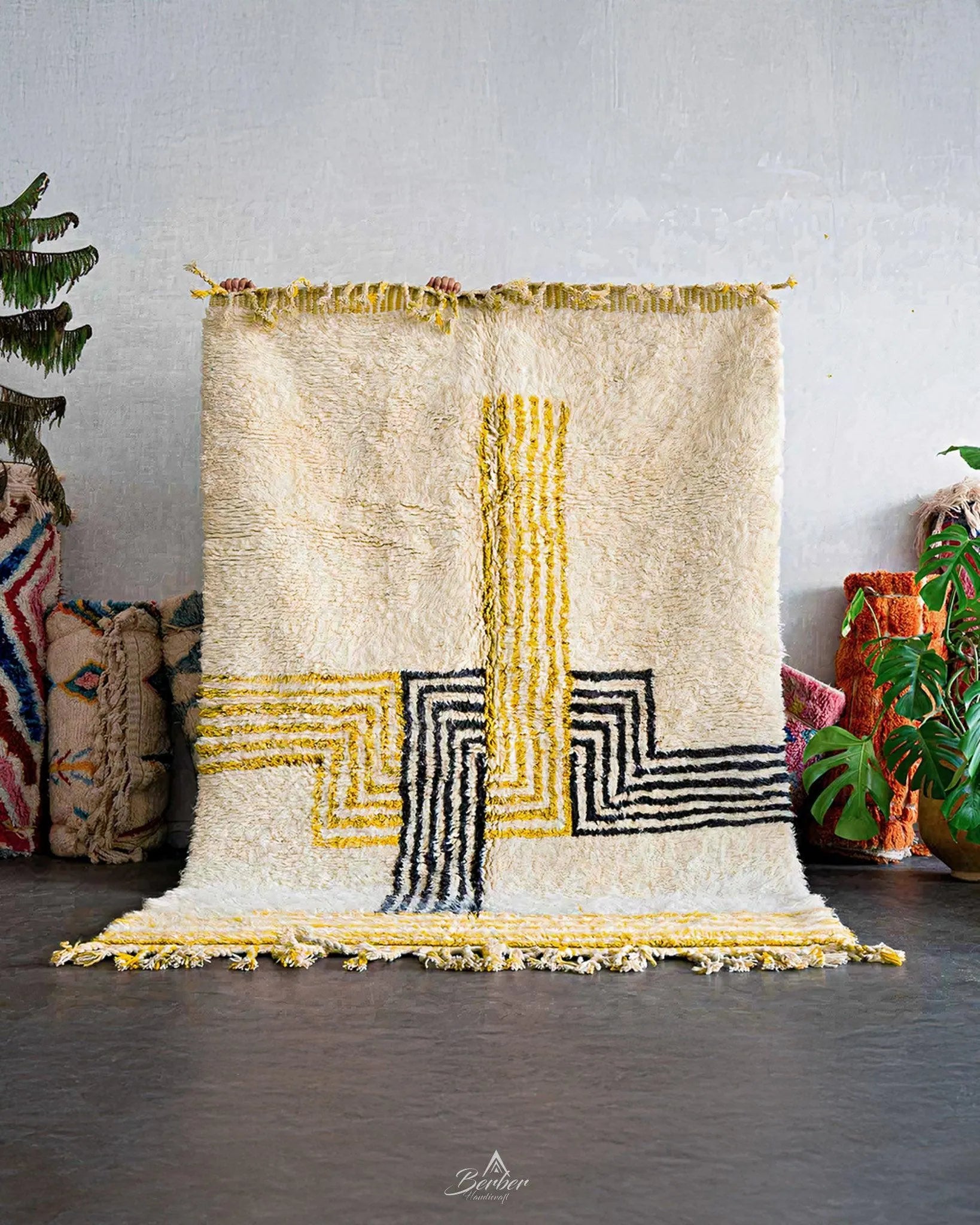 Yellow Bohemian Rug 3 X 5 Ft | 90 X 150 Cm / With Tassels / Short (0.4” / 1 cm)