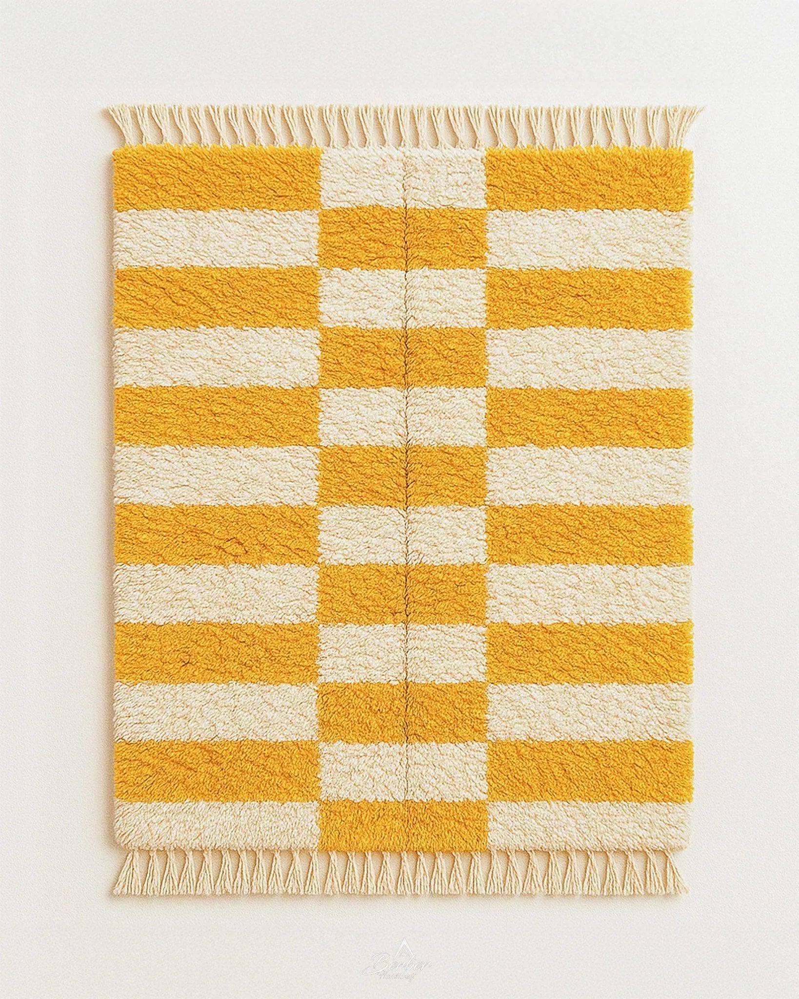 Yellow Checkered Carpet 3 X 5 Ft | 90 X 150 Cm / With Tassels / Short (0.4” / 1 cm)