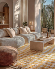 Yellow Checkered Moroccan Rug 3 X 5 Ft | 90 X 150 Cm / With Tassels / Short (0.4” / 1 cm)