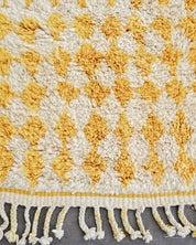 Yellow Checkered Moroccan Rug 3 X 5 Ft | 90 X 150 Cm / With Tassels / Short (0.4” / 1 cm)