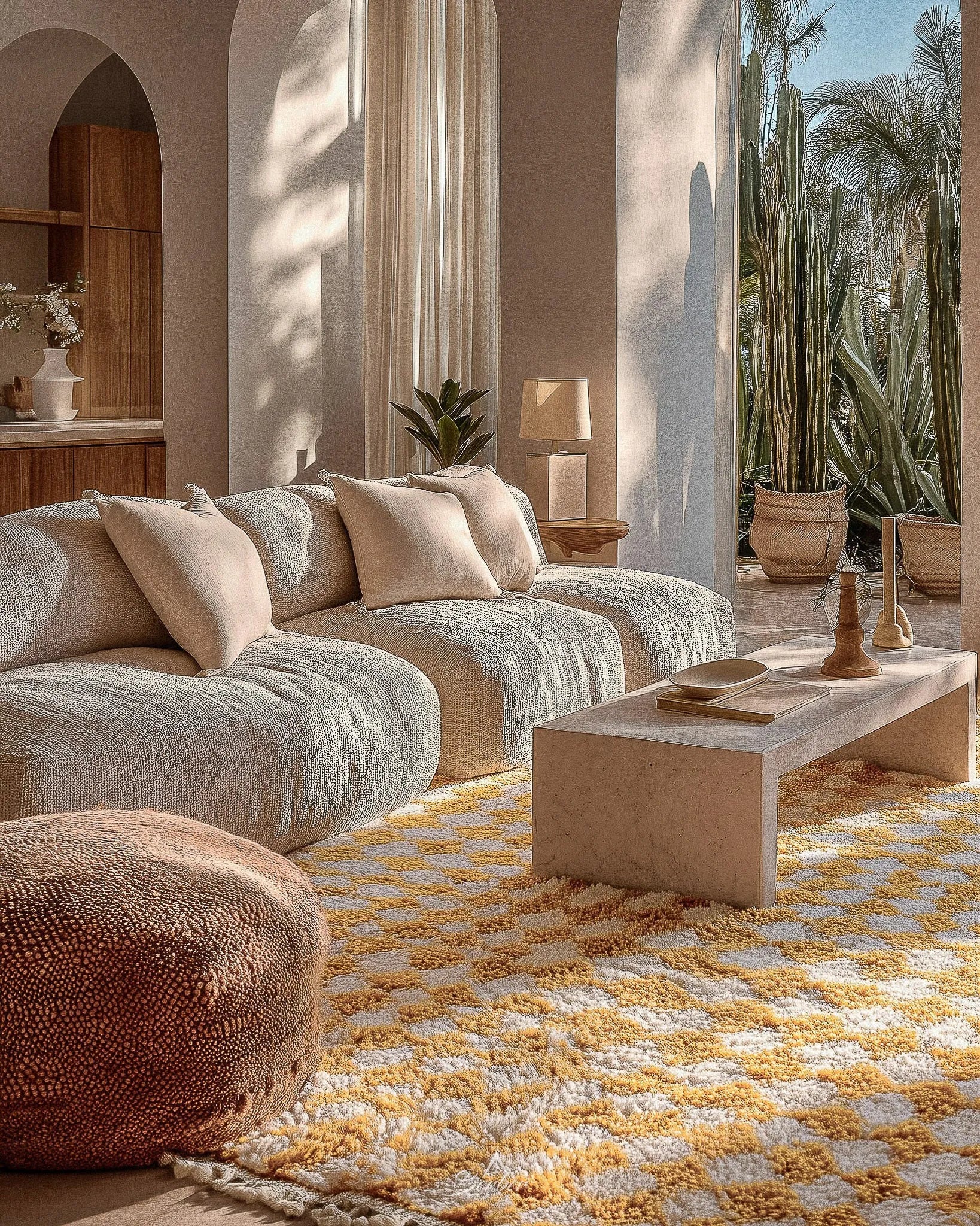 Yellow Checkered Moroccan Rug 3 X 5 Ft | 90 X 150 Cm / With Tassels / Short (0.4” / 1 cm)