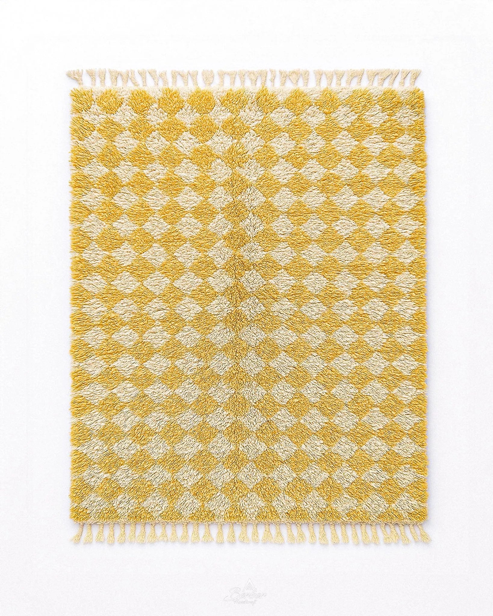 Yellow Checkered Moroccan Rug 3 X 5 Ft | 90 X 150 Cm / With Tassels / Short (0.4” / 1 cm)