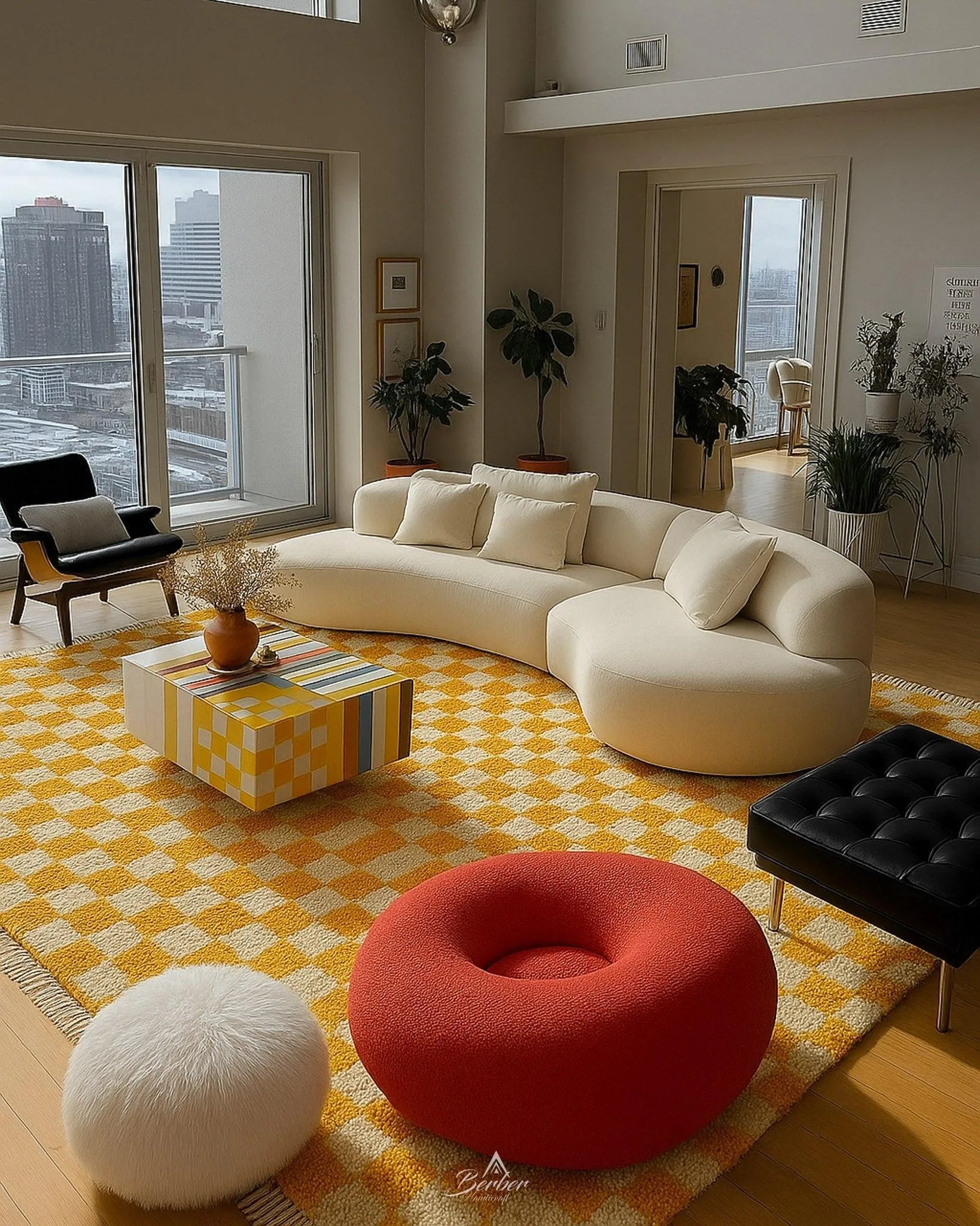 Yellow Checkered Rug 3 X 5 Ft | 90 X 150 Cm / With Tassels / Short (0.4” / 1 cm)