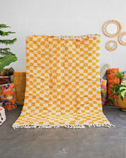 Yellow Checkered Rug 3 X 5 Ft | 90 X 150 Cm / With Tassels / Short (0.4” / 1 cm)