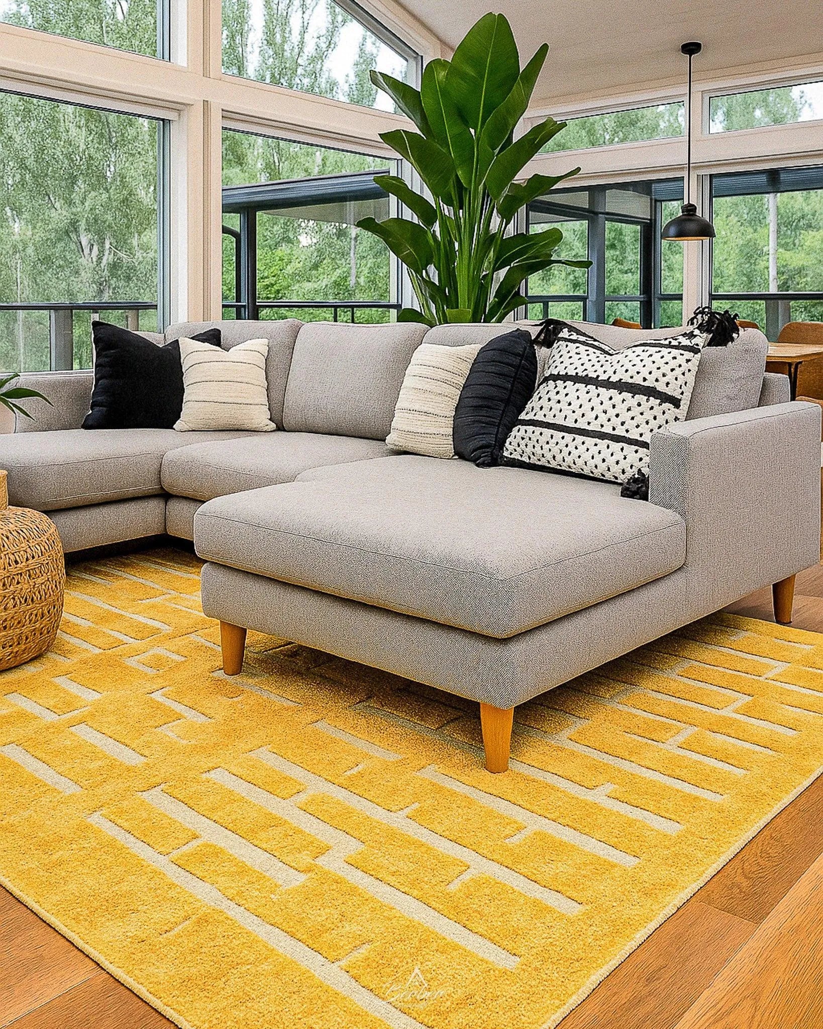 Yellow Moroccan Wool Rug 3 X 5 Ft | 90 X 150 Cm / With Tassels / Short (0.4” / 1 cm)