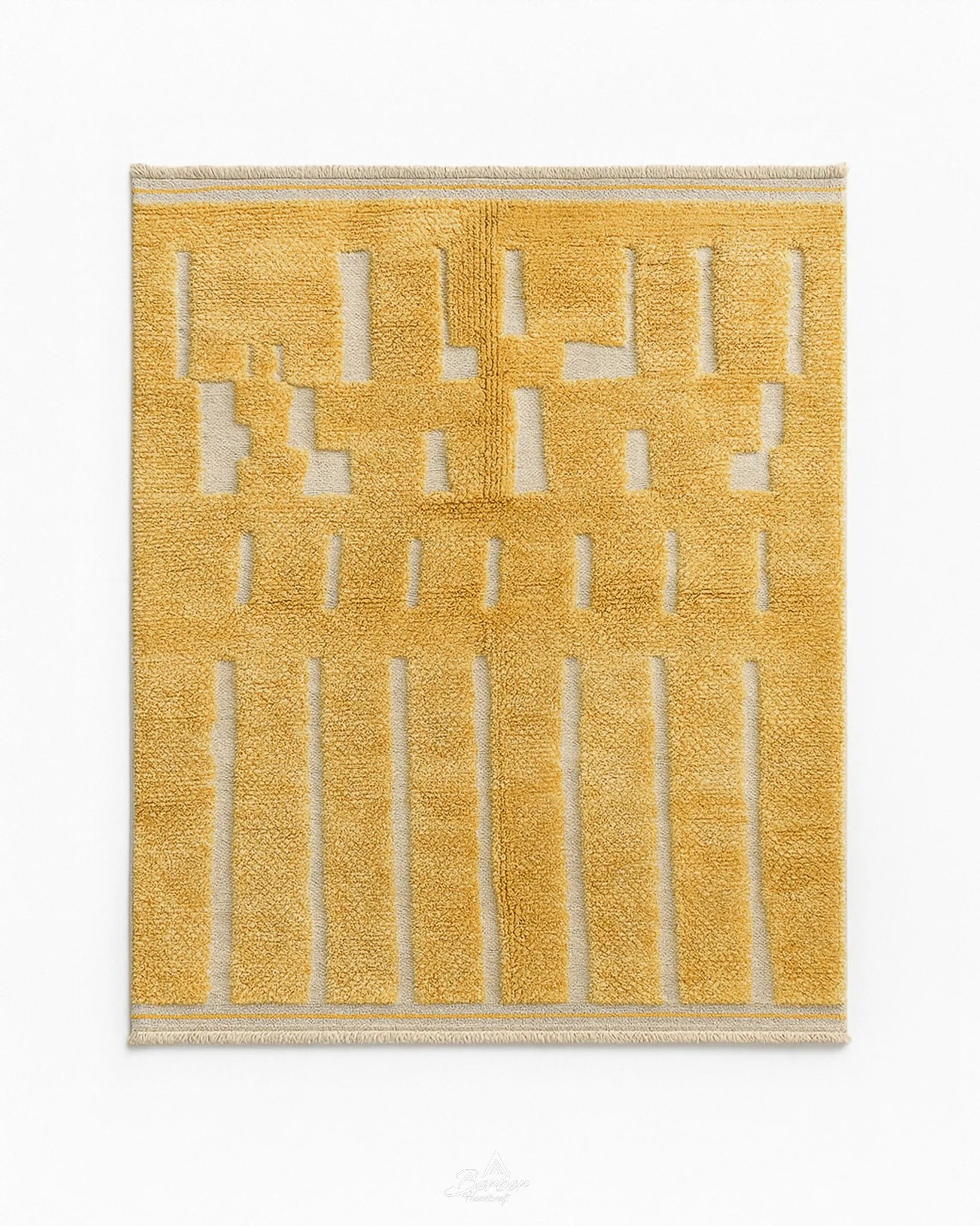 Yellow Moroccan Wool Rug 3 X 5 Ft | 90 X 150 Cm / With Tassels / Short (0.4” / 1 cm)