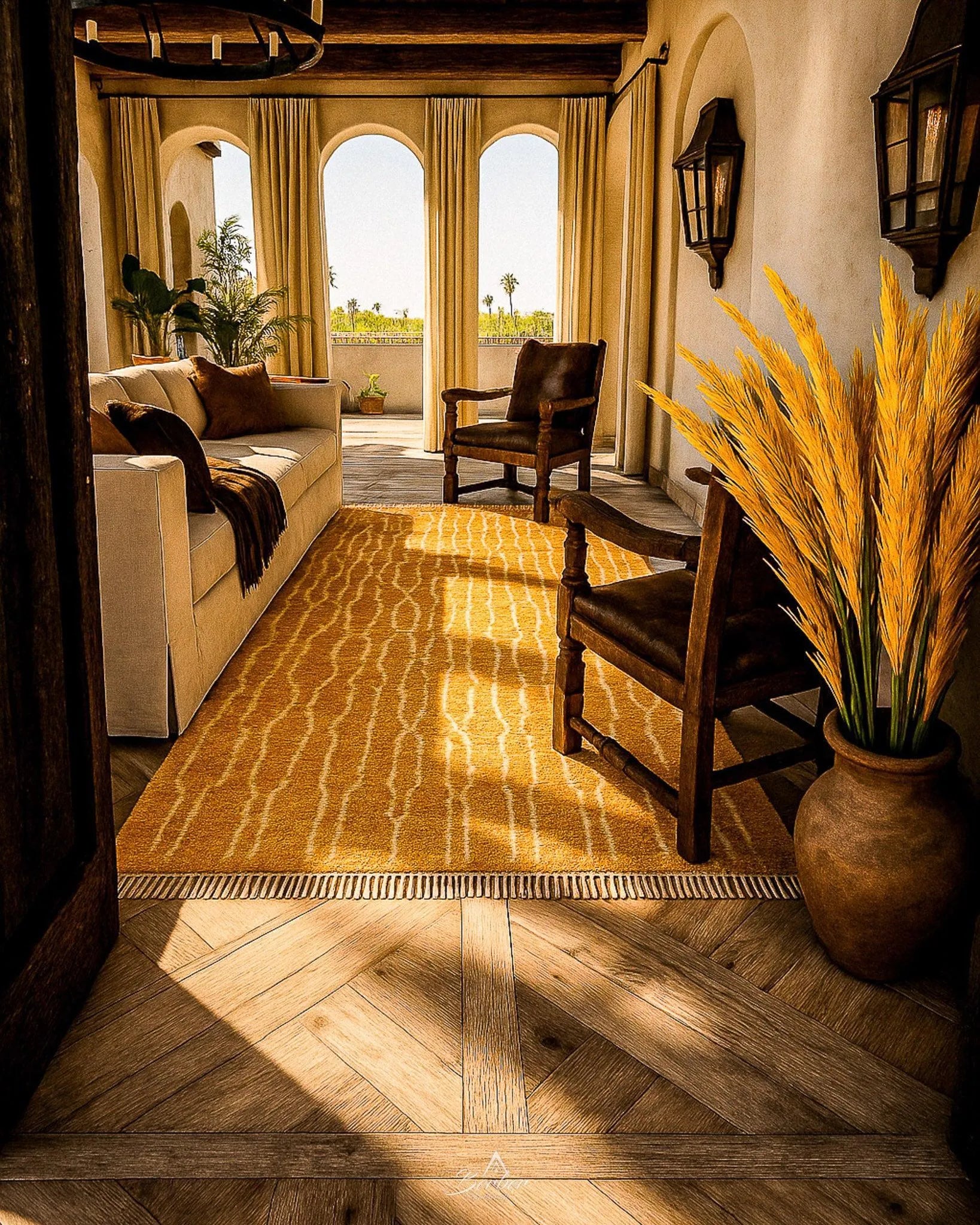 Yellow Striped Boujaad Rug 3 X 5 Ft | 90 X 150 Cm / With Tassels / Short (0.4” / 1 cm)