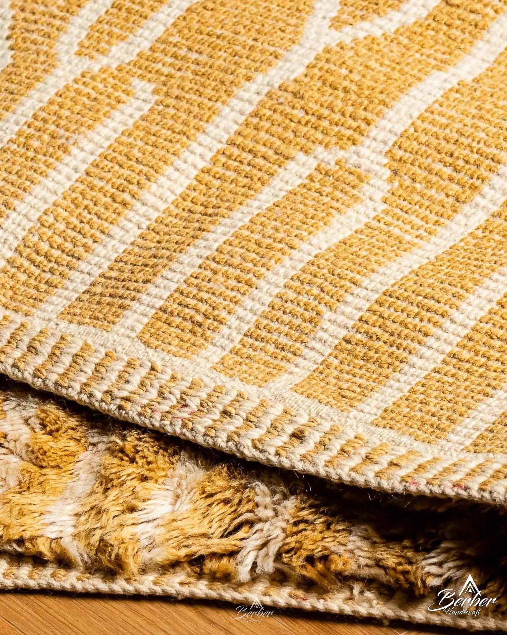 Yellow Striped Boujaad Rug 3 X 5 Ft | 90 X 150 Cm / With Tassels / Short (0.4” / 1 cm)