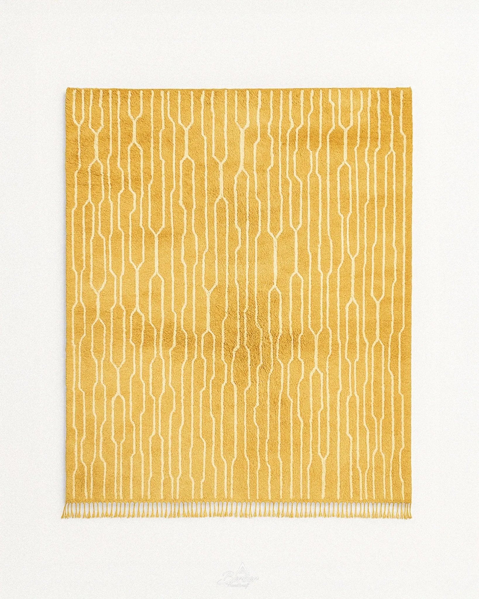 Yellow Striped Boujaad Rug 3 X 5 Ft | 90 X 150 Cm / With Tassels / Short (0.4” / 1 cm)