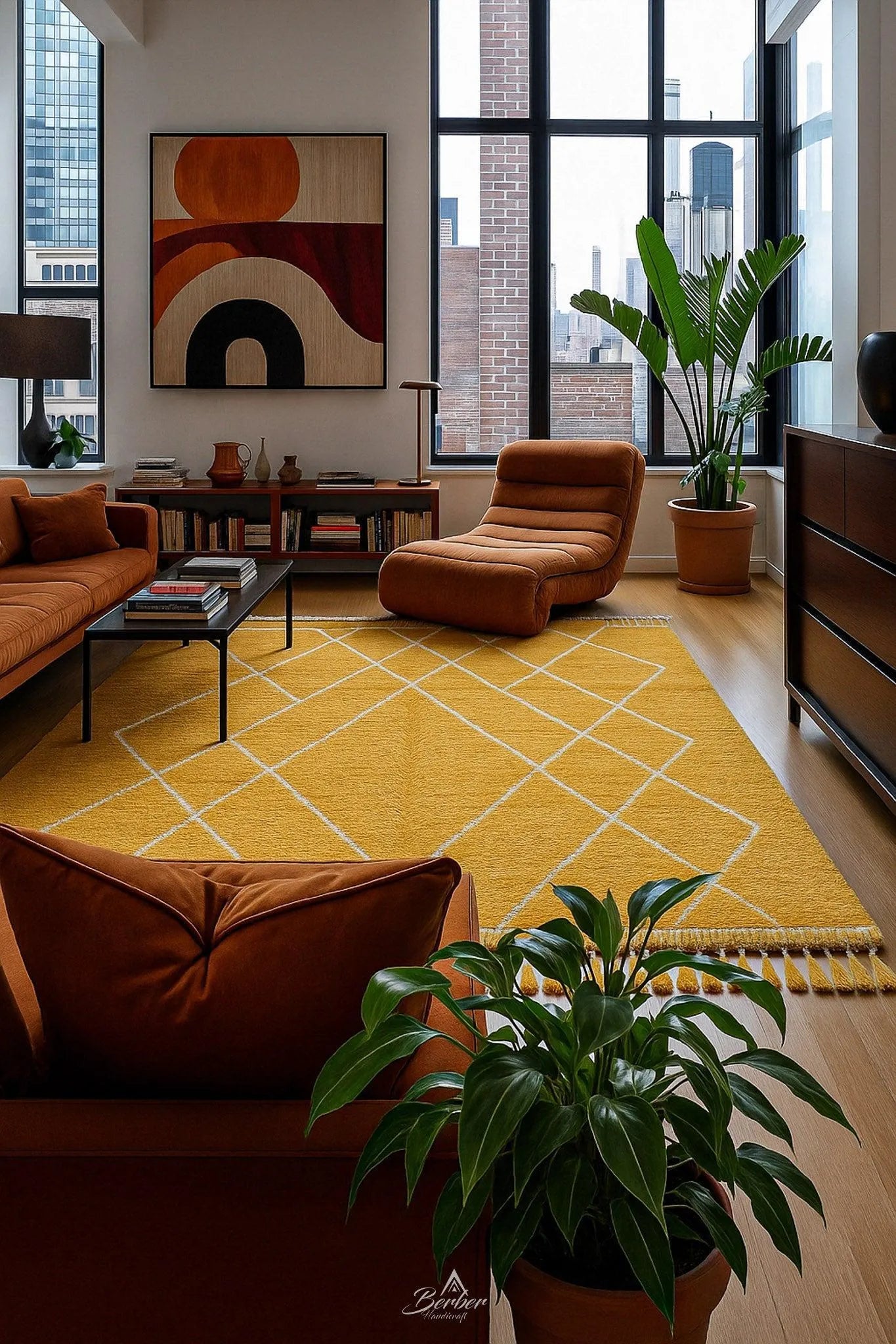 Yellow Treillis Rug 3 X 5 Ft | 90 X 150 Cm / With Tassels / Short (0.4” / 1 cm)