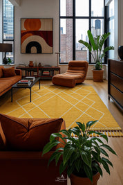 Yellow Treillis Rug 3 X 5 Ft | 90 X 150 Cm / With Tassels / Short (0.4” / 1 cm)