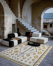 Yellow and White Tribal Rug 3 X 5 Ft | 90 X 150 Cm / With Tassels / Short (0.4” / 1 cm)