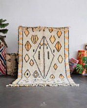Yellow and White Tribal Rug 3 X 5 Ft | 90 X 150 Cm / With Tassels / Short (0.4” / 1 cm)