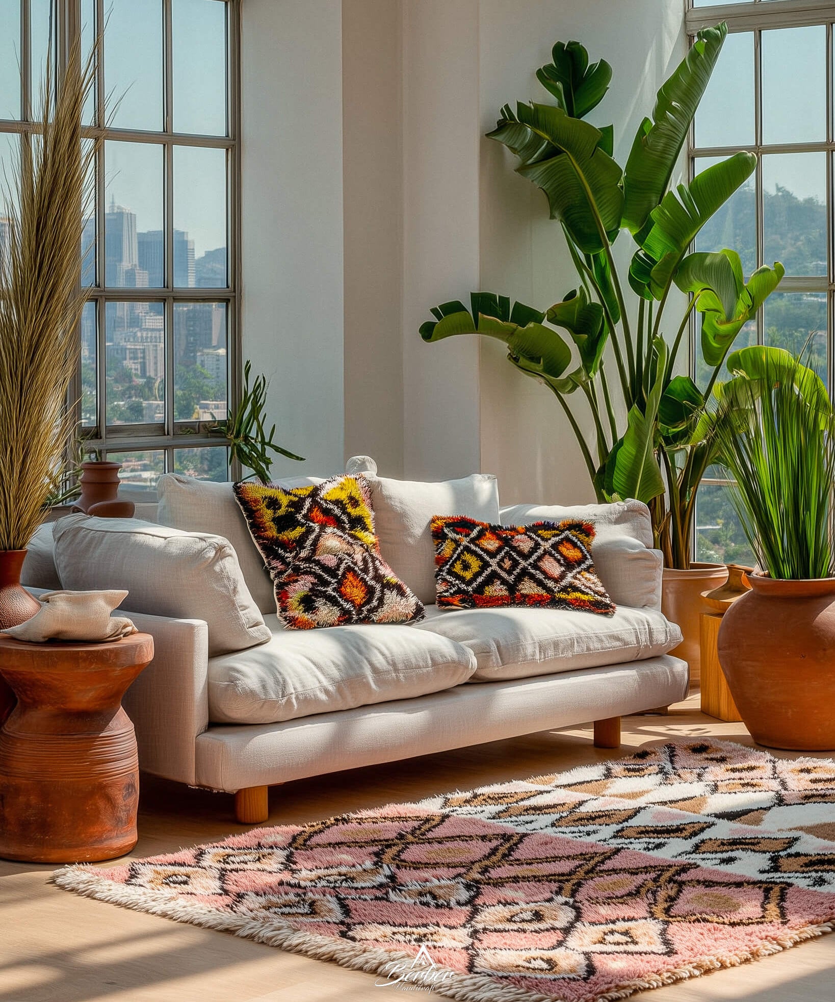 Living room with a pink Moroccan rug, white sofa, patterned cushions, and large windows with city view.