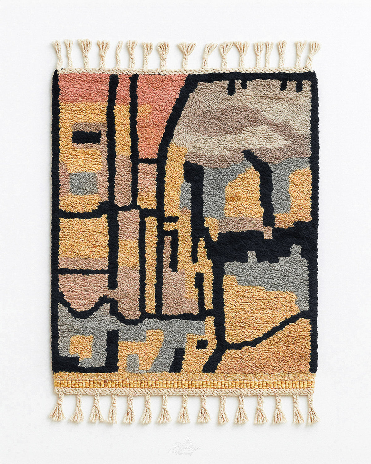 Abstract Moroccan Wool Rug 3 X 5 Ft | 90 X 150 Cm / With Tassels / Short (0.4” / 1 cm)