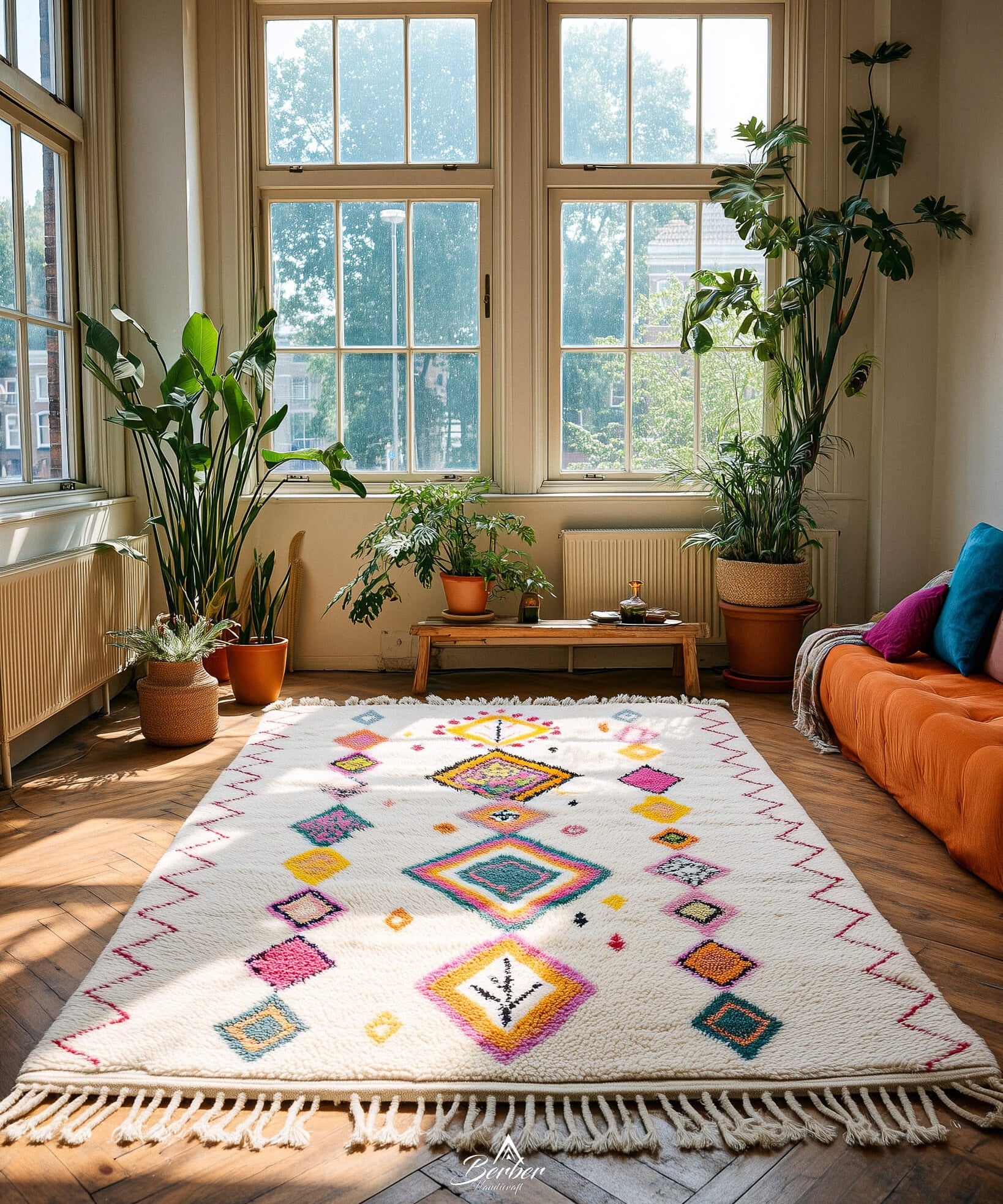 Colorful patterned Azilal wool rug on a wooden floor with plants and a sofa in a bright room.