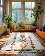 Colorful patterned Azilal wool rug on a wooden floor with plants and a sofa in a bright room.
