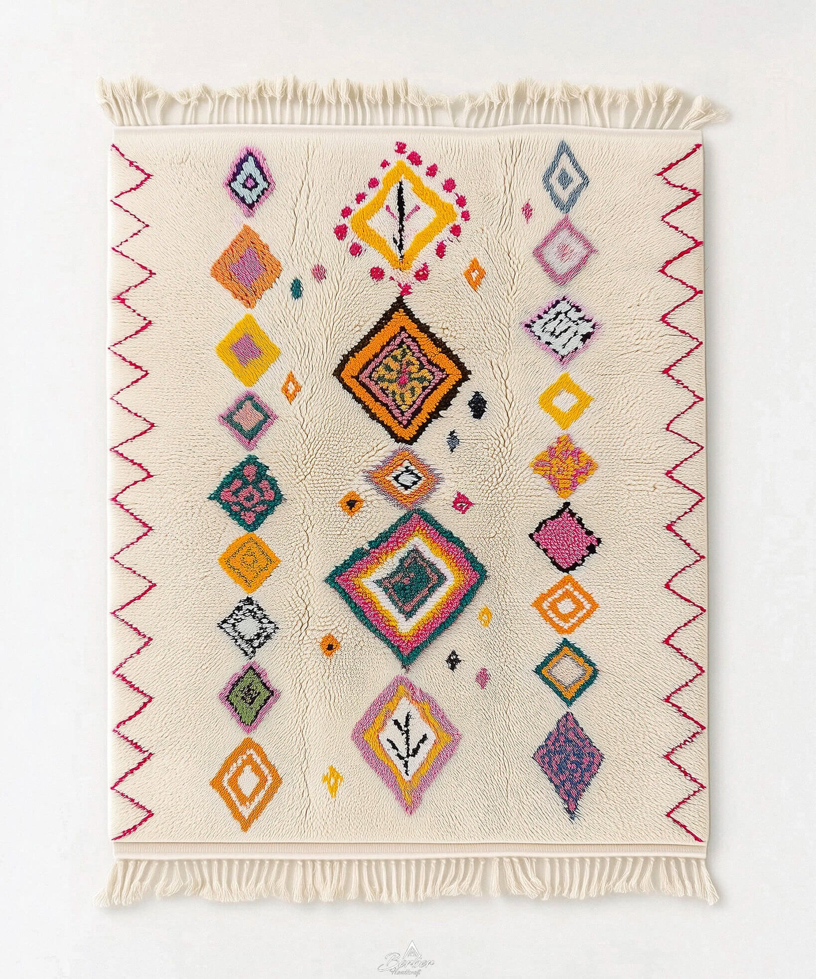 Decorative Azilal rug with colorful geometric pattern on a white background