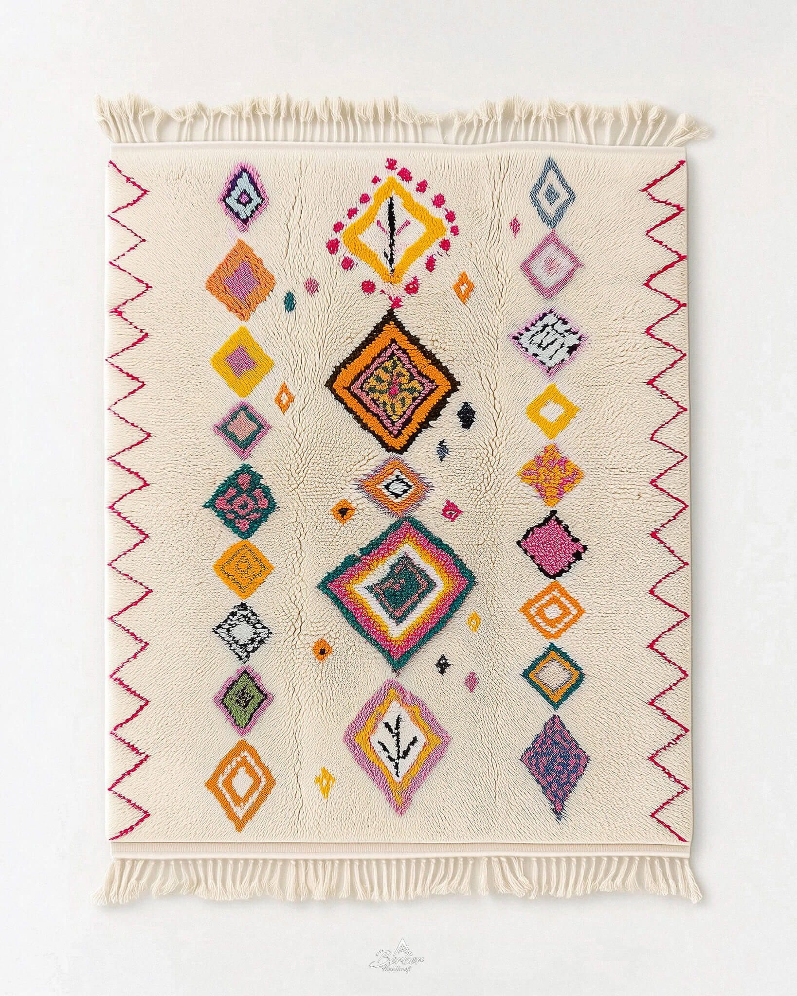 Decorative Azilal rug with colorful geometric pattern on a white background