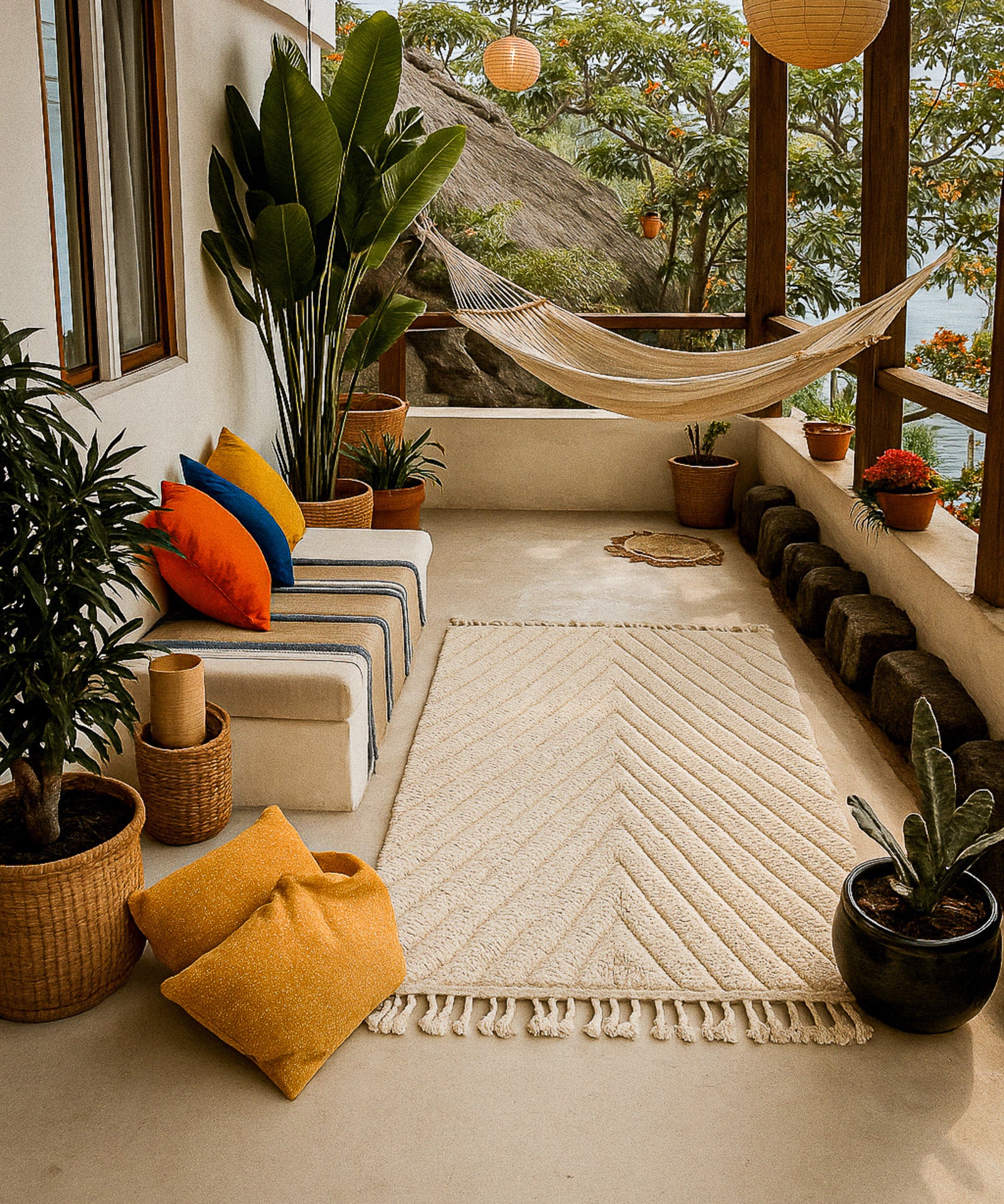 Cozy indoor setting with a rug, pillows, and plants on a balcony.