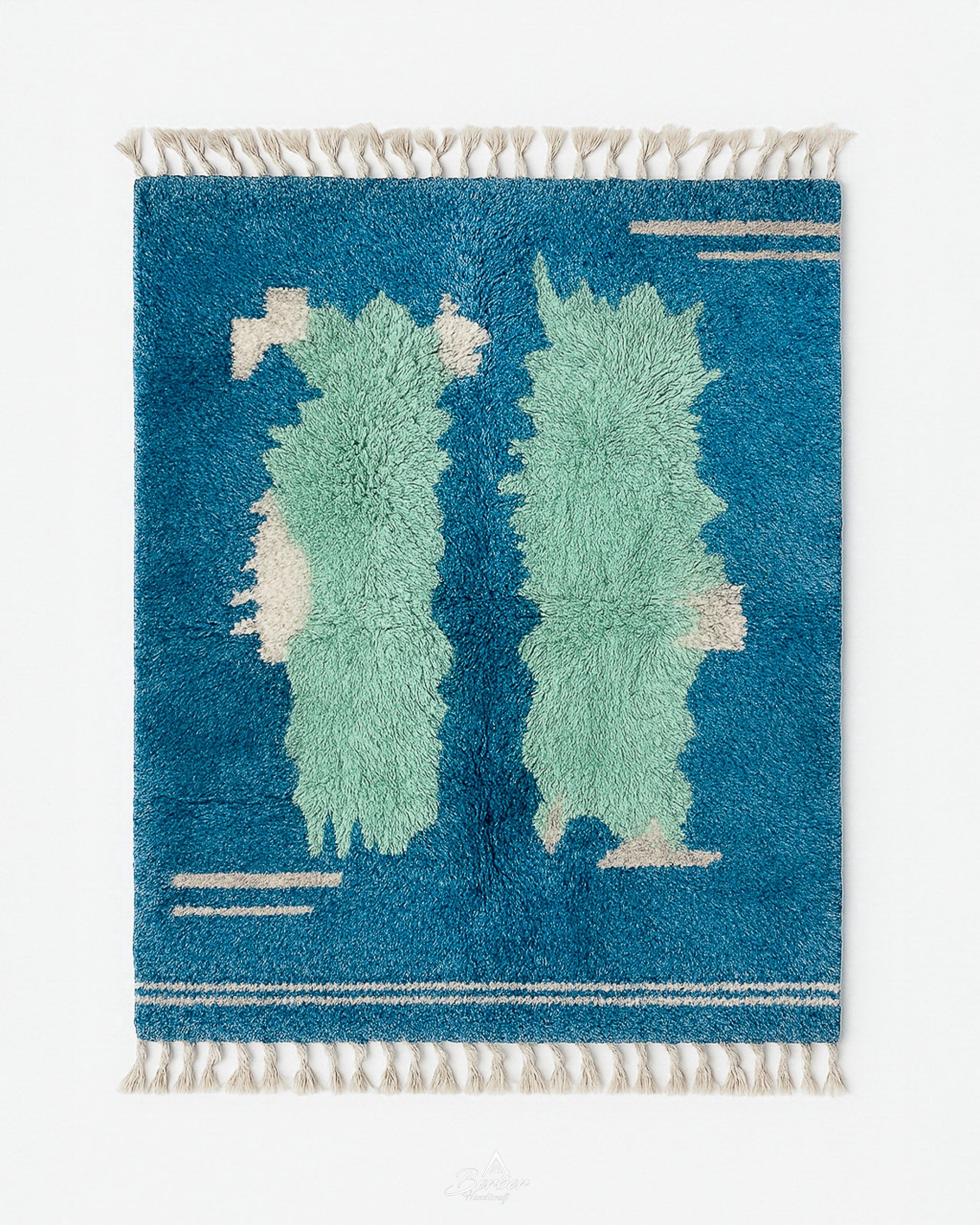 Blue Living Room Rug 3 X 5 Ft | 90 X 150 Cm / With Tassels / Short (0.4” / 1 cm)