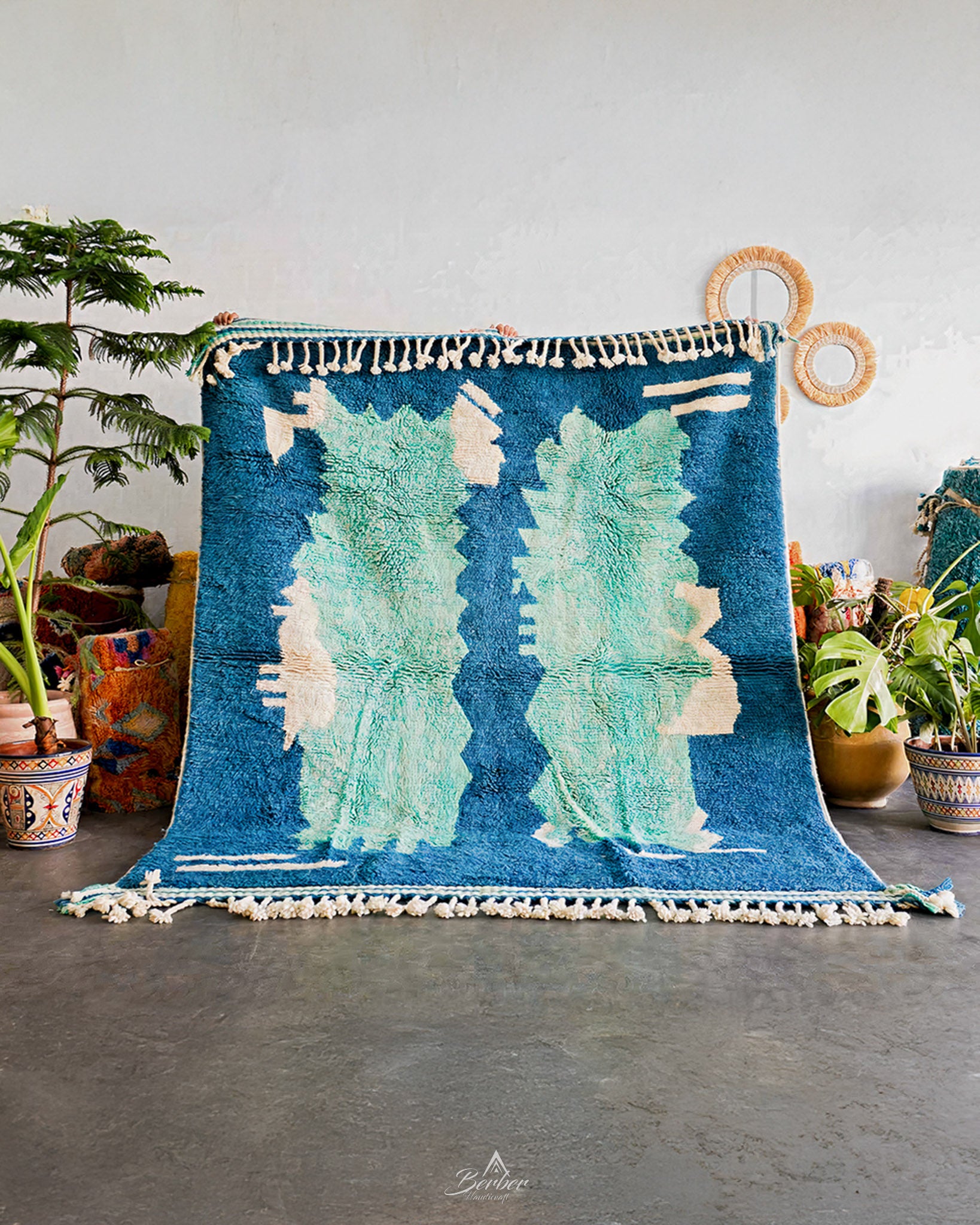 Blue Living Room Rug 3 X 5 Ft | 90 X 150 Cm / With Tassels / Short (0.4” / 1 cm)